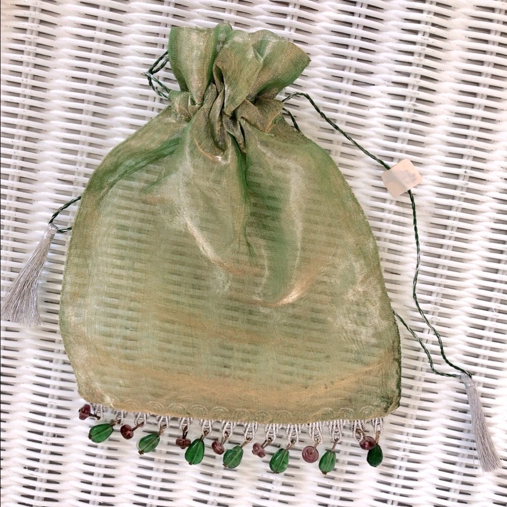 French lavender sachet in iridescent green bag trimmed Glass bead & Silver braid